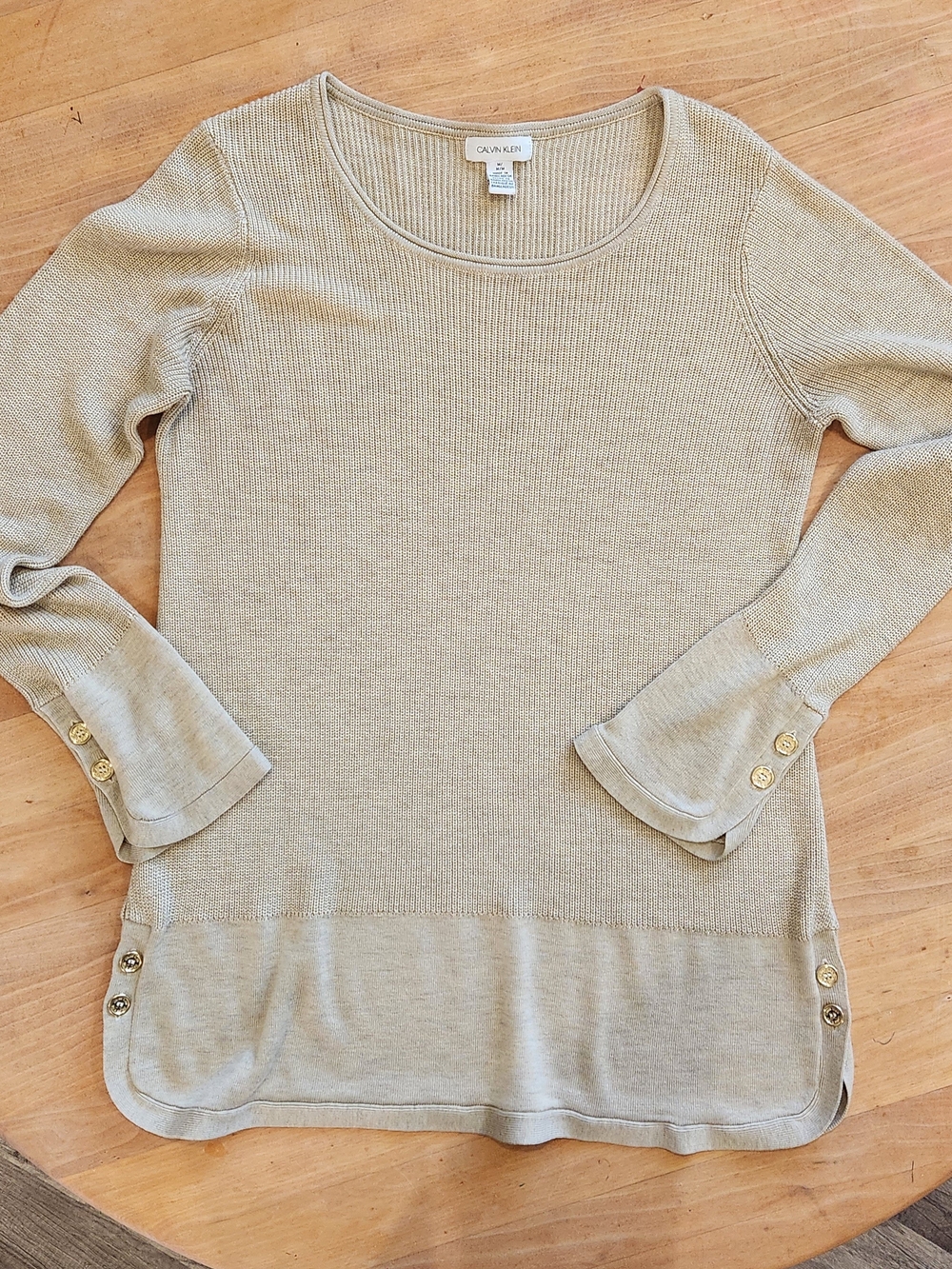 Calvin Klein Women's Beige Ribbed Scoop-Neck Sweater with Button Accents
